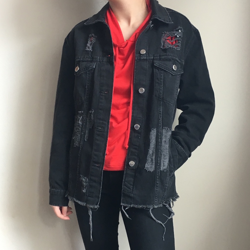 Black distressed denim jacket